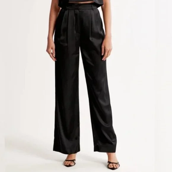 A&F Sloane Tailored Satin Trousers Pant 26/2 short Black High Rise Wide Leg NWT - Picture 1 of 12